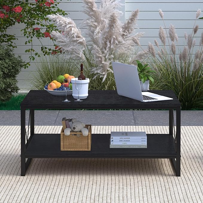 Rectangle Coffee Table Tea Table with Storage Shelf, Farmhouse Wooden Coffe Table for Living Room Table, 40" Rustic Center Table 2-Tier Minimalist Coffee Table Easy Assembly (Black)