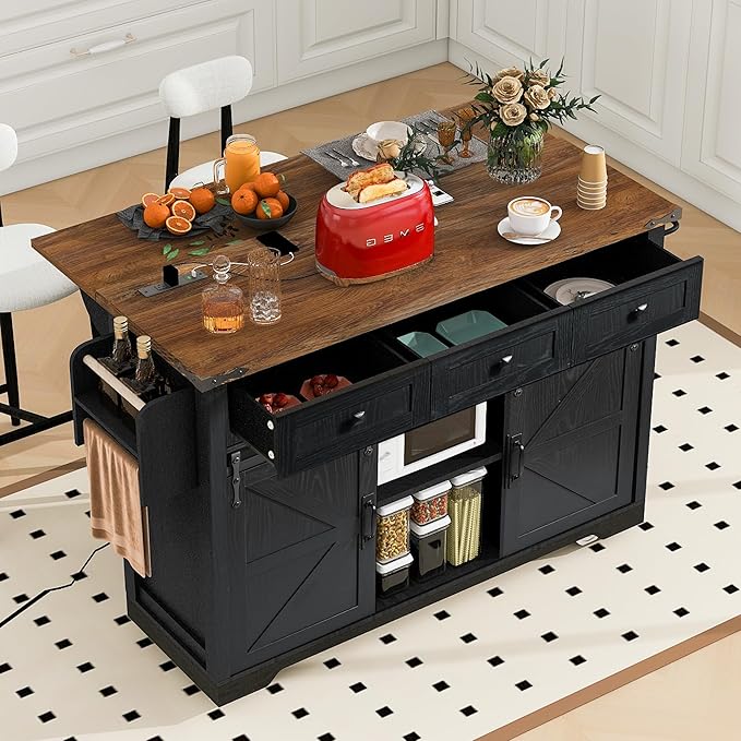 Kitchen Island with Power Outlet & Drop Leaf, 54" Kitchen Rolling Island on Wheels with Spice Rack & Towel Rack, Kitchen Island Cart with Storage, Black