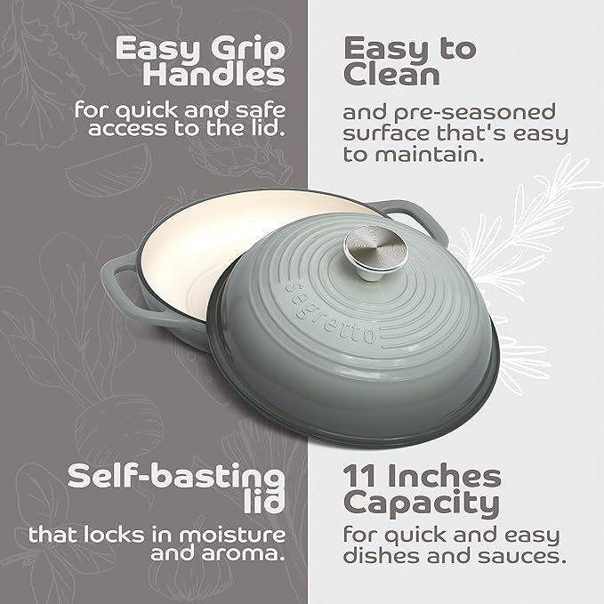 Enameled Cast Iron Bread Pan with Lid, 11” Grigio Scuro (Gray) Bread Oven Cast Iron Sourdough Baking Pan, Dutch Oven for Bread - Segretto Cookware