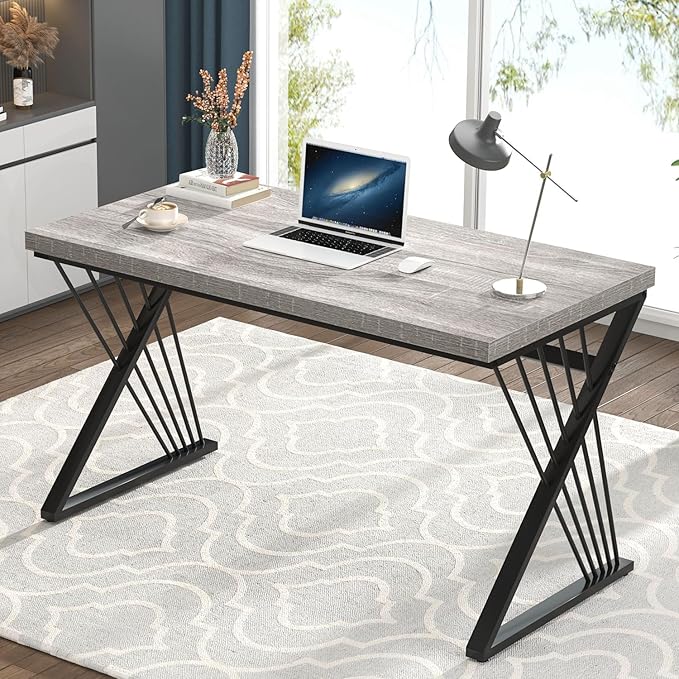 FOLUBAN Modern Desks, Rustic Wood and Metal Computer Desk for Home Office, Simple Study Writing Work PC Table for Bedroom Living Room, Light Grey, 47 Inch