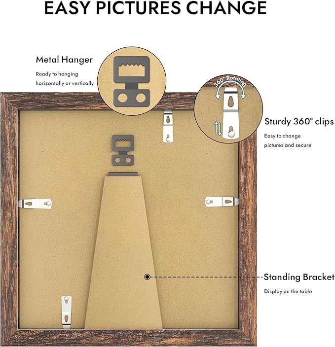8x8 Picture Frame with Glass, Display Pictures 6x6 with Mat or 8 x 8 without Mat - Wall and Tabletop, 8 by 8 Photo Wooden Frames (Rustic Brown, 1 Pack)