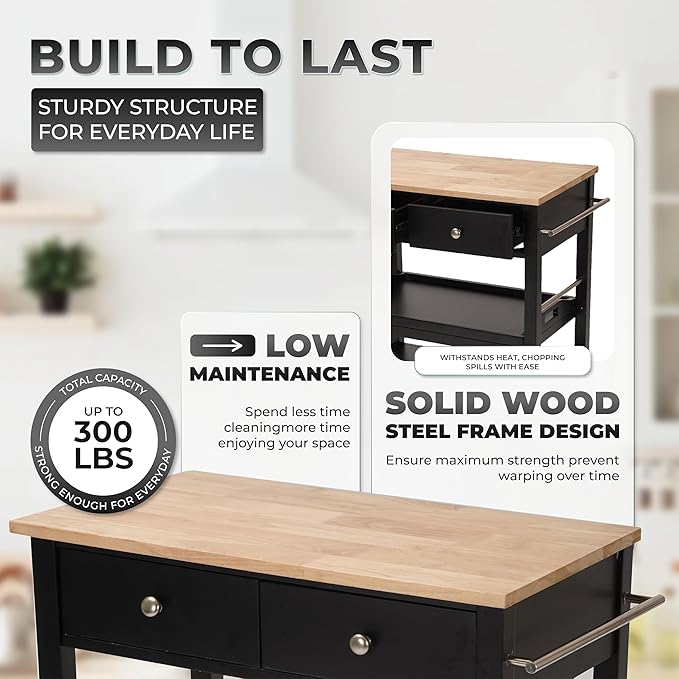 Rolling Kitchen Island Cart, Black Kitchen Cart with Rubberwood Top, Ample Storage Drawers, Adjustable Shelves, Utility Cart with Wheels for Small Kitchens, 35” Height