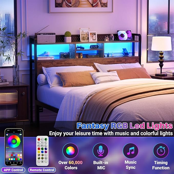 Unikito Headboard for Queen Size Bed with Storage Shelf, Head Board with 3 Outlets and 2 USB Ports, Headboards with RGB LED Light, Height Adjustable, Sturdy and Stable, Easy Assembly, Rustic Brown