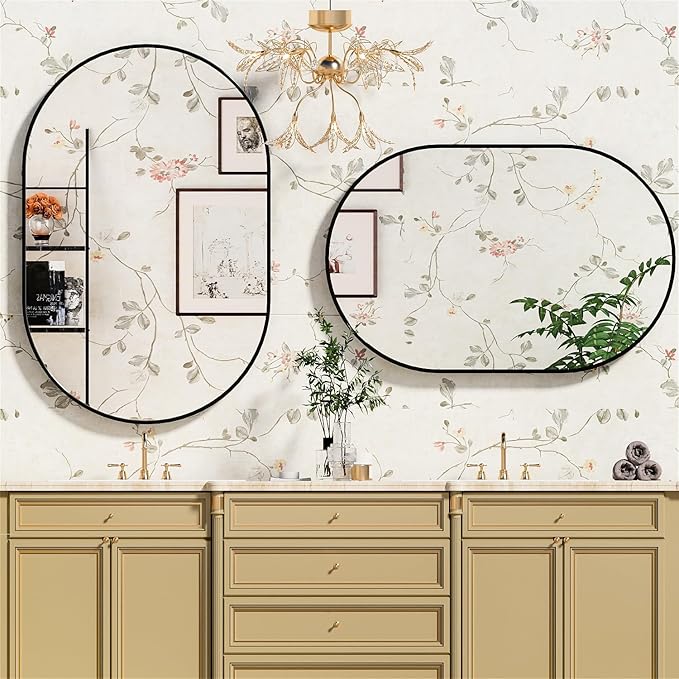 Suidia 24" x 36" Bathroom Mirror, Bathroom Vanity Mirror Metal Framed, Wall-Mounted Mirrors for Bedroom, Living Room, Entryway, Hallway, Black, Oval Style