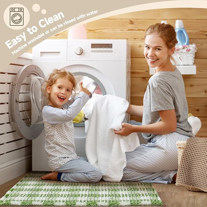 Waffle Bath Mat, Boho Bathroom Rugs Non Slip Washable Absorbent Checkered Bathroom Mat Quick Dry Cute Bath Mat, 30"x20" Green and White