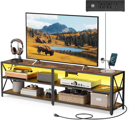 VASAGLE TV Stand with Power Outlets and LED Lights, for TVs up to 75 Inches, Entertainment Center with Open Storage Shelves, TV Console Table for Living Room, Rustic Brown and Ink Black ULTV119K01