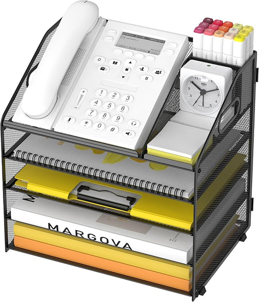 Letter Tray Paper, 5 Tier Desk Organizer with Pen Holder and Handle, Mesh File Organizer Paper Sorter Metal Desktop Document Shelf for Office Home Classroom - Black