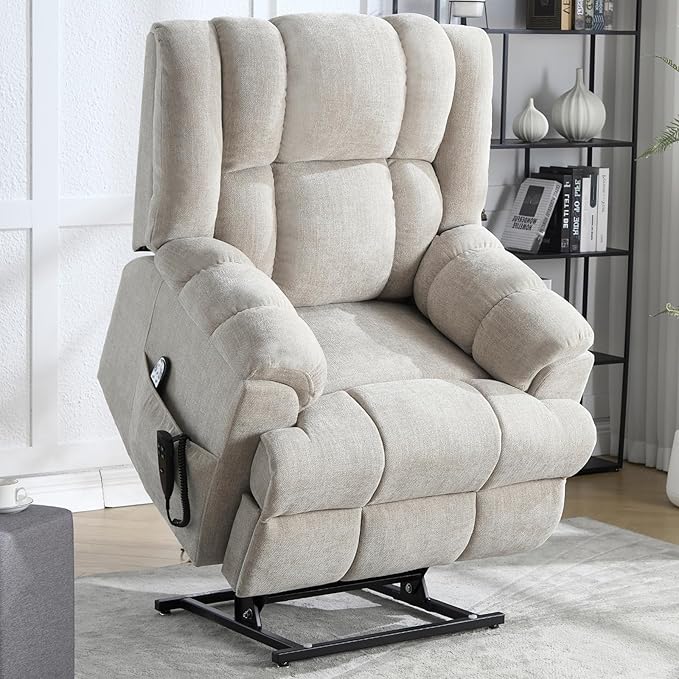 Power Lift Recliner Chair with Massage and Heat for Elderly People, Dual Motor Electric Lift Chair with Power-Remote, Medium-Firm and Heavy Duty, Chenille Fabric - Beige