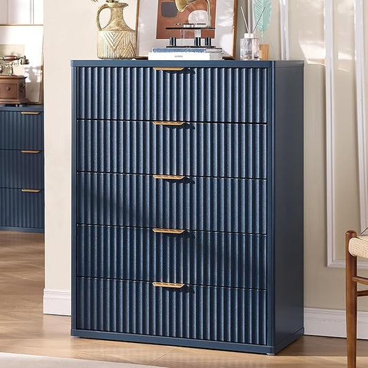 LEYAOYAO Fluted 5 Drawers Dresser for Bedroom, 41" Tall Modern Chest of Drawers with Metal Handle, Curved Profile Design,Navy Blue Wood Drawer Organizer for Bedroom, Living Room, Hallway, Entryway