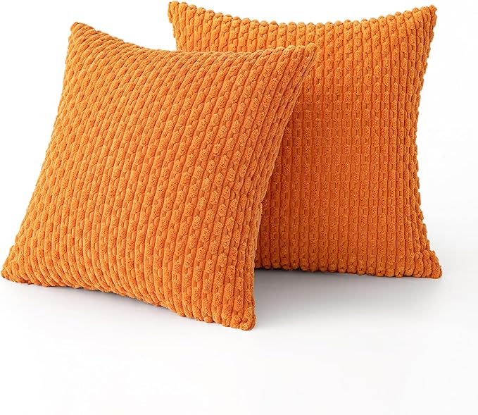 MIULEE Fall Orange Throw Pillow Covers Soft Corduroy Decorative Euro Sham Set of 2 Boho Striped Pillow Covers Pillowcases Farmhouse Home Decor for Halloween Couch Bed Sofa Living Room 24x24 Inch