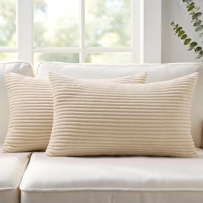 Mecatny Corduroy Decorative Throw Pillow Covers 12x20 Set of 2 for Sofa Living Room, Soft Neutral Boho Couch Pillow Covers for Home Decor, Beige