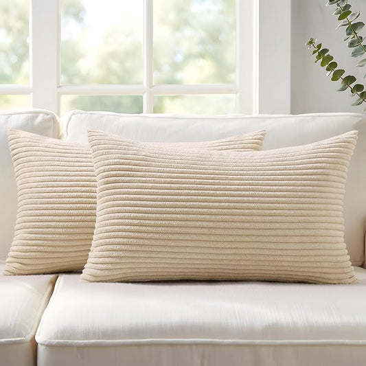 Mecatny Corduroy Decorative Throw Pillow Covers 12x20 Set of 2 for Sofa Living Room, Soft Neutral Boho Couch Pillow Covers for Home Decor, Beige