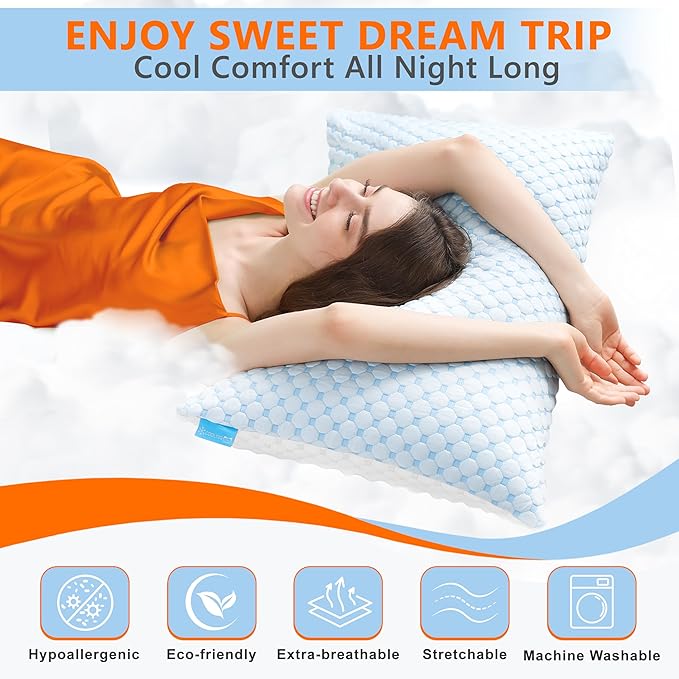 Cooling Memory Foam Pillows for Sleeping Firm and Soft, Queen Size Set of 2, Original Adjustable Pillows for Side, Back or Stomach Sleepers (2, Blue, Queen)