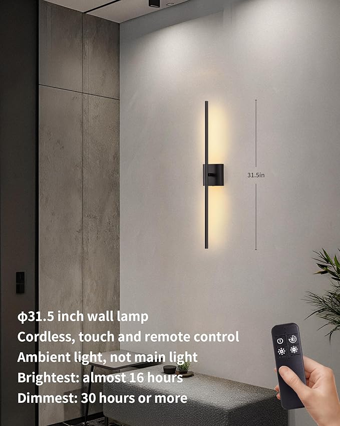 KDG Cordless Wall Sconces Set of 2, Wireless 7000mAh Rechargeable Battery Operated LED Wall Lamps with Remote, 360° Rotate Lightings for Wall Painting, Bedroom, Hallway, Night Light 31.5 inch (Black)