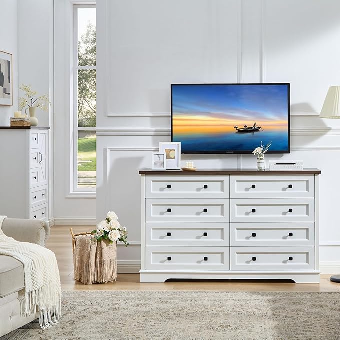 SOOWERY Dresser for Bedroom, Farmhouse Dresser with 8 Wooden Drawers and Storage Cabinet, 55 Inches Wide Chest of Drawers for Bedroom, Living Room, Hallway, White