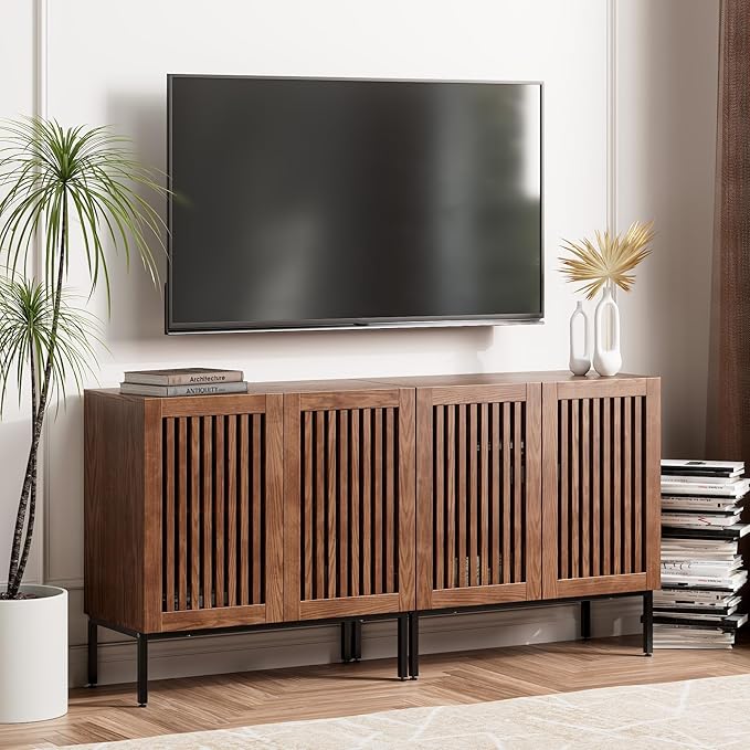 Farmhouse TV Stand for 70 Inch TVs, 2-in-1 Entertainment Center with Storage Cabinets & Metal Base,Brown Media Console for Living Room