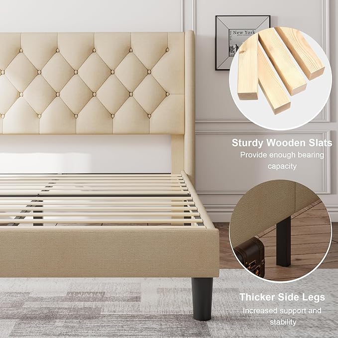 Feonase King Size Bed Frame with Wingback Tufted Headboard, Upholstered Platform Bed Frame with Heavy Duty Wooden Slats Support, Noise-Free, No Box Spring Needed, Easy Assembly, Beige