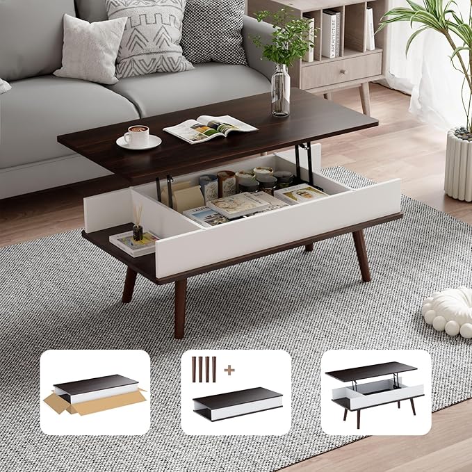 Lift Top Coffee Table, One Minute No Assembly Required Rising Tabletop Center Table with Large Hidden Storage Compartment, Open Shelf, Anti-Pinch Design Mute for Living Room (Black Walnut)