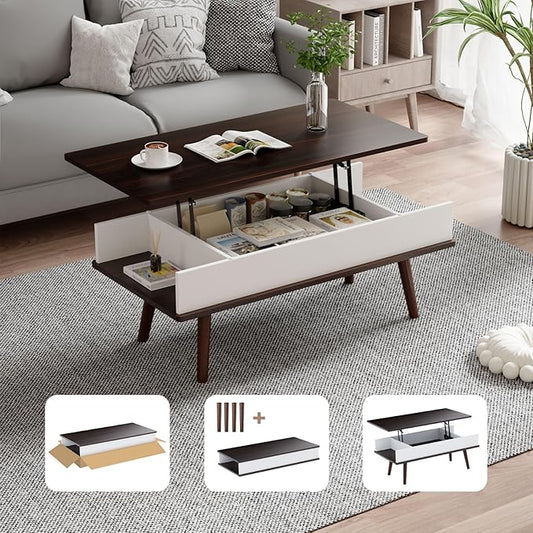 Lift Top Coffee Table, One Minute No Assembly Required Rising Tabletop Center Table with Large Hidden Storage Compartment, Open Shelf, Anti-Pinch Design Mute for Living Room (Black Walnut)