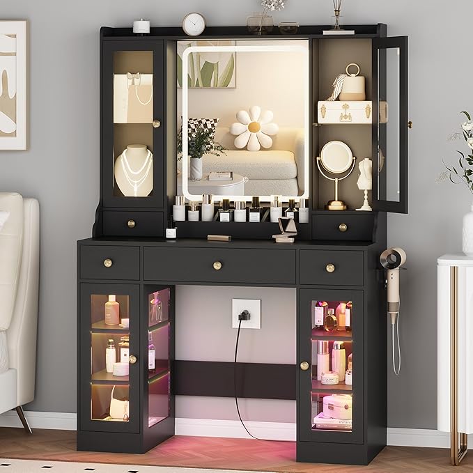 Black Vanity Desk with Mirror and Lights, Makeup Vanity Table with Lighted Mirror, 5 Drawers & RGB Cabinet, Dressing Table Set with Charging Station for Girls Bedroom, 3 Lighting Modes