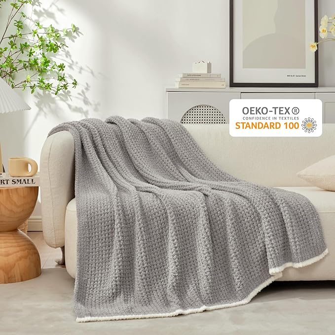 Snuggle Sac Grey Waffle Throw Blanket for Couch Bed Sofa 60x80 inches, Reversible Grey Blanket Microfiber Fluffy Fuzzy Cozy Knit Twin Blanket for Women Mothers Birthday Gifts