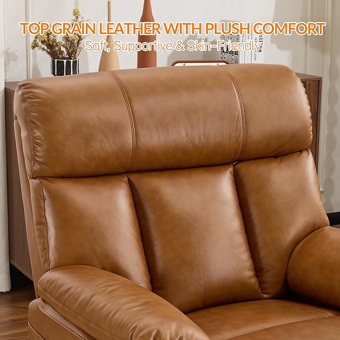 AEDI 450lbs Genuine Leather Power Recliner Chair for Big and Tall Adults Oversized Electric Reclining Sofa for Living Room,Extra Wide 27.5” Seat,Extended Footrest,USB Charging(Top Grain Leather,Camel)