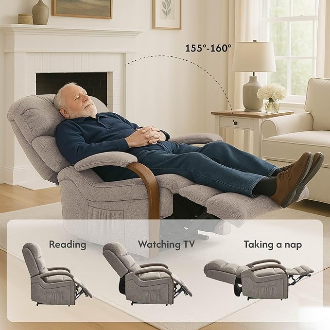 FLEXISPOT Dual Motor Power Lift Recliner Chair for Elderly, Electric Lay Flat Reclining Chair with Massage & Heat, Side Pockets, Fabric Single Sofa for Living Room,Light Brown