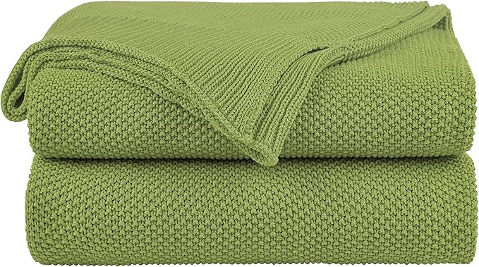 PiccoCasa 100% Cotton Knit Throw Blanket,Solid Lightweight Decorative Throws and Blankets,Soft Knitted Throw Blanket for Sofa Couch, Grass Green 50" x 70"
