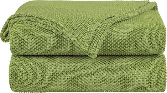 PiccoCasa 100% Cotton Knit Throw Blanket,Solid Lightweight Decorative Throws and Blankets,Soft Knitted Throw Blanket for Sofa Couch, Grass Green 50" x 70"