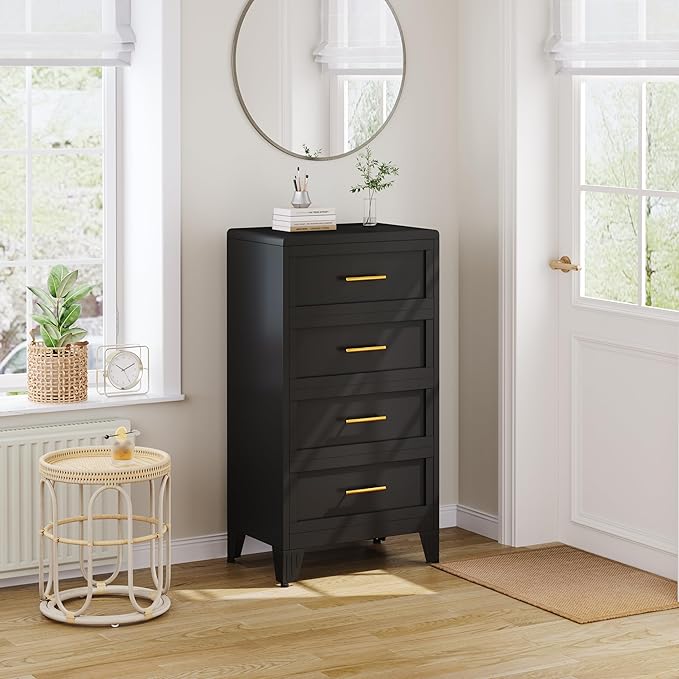 Metal Dresser Tall Narrow Dresser for Bedroom Chest, 44.45" H Drawer Chest, Closet Dressers & Chests of Drawers for Living Room, Hallway (4 Drawers Black 24inch Wide)