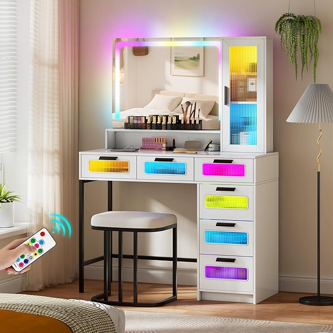 LED Make Up Vanity Desk with Mirror and Light, Smart Dressing Table with 6 Drawers, 3 Shelves, 24 Color Lighting Modes, Cushioned Stool, USB Type-C Storage for Bedroom Dressing Room White
