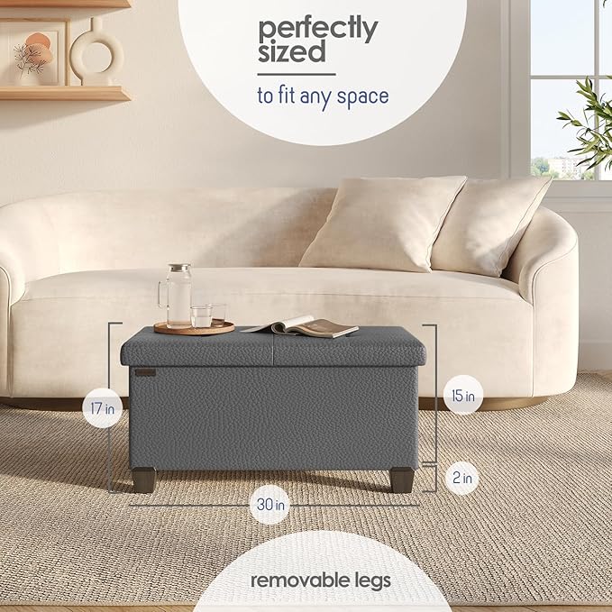 STORAGEBUD Storage Ottoman Bench with Bins, 30-in Storage Bench for Bedroom End of Bed, Folding Foot Rest Ottoman for Living Room Max 660lbs, Faux Leather Ottomans, Grey