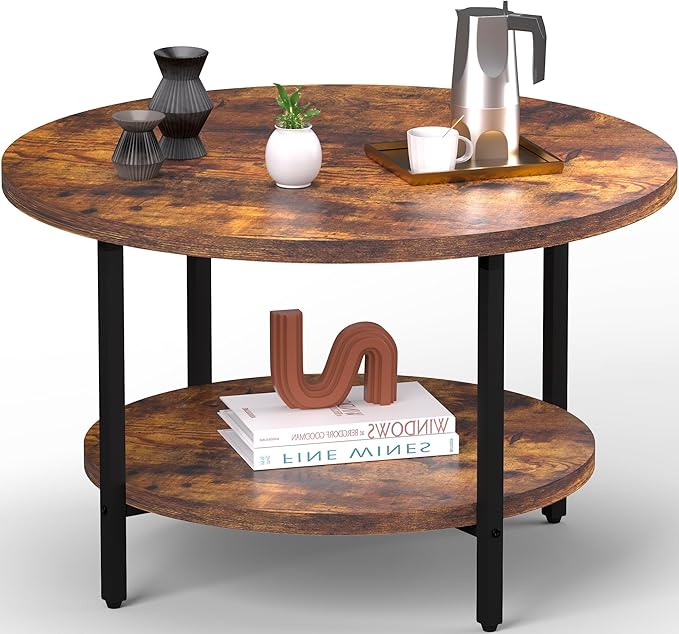 Coffee Table, 2 Tier Coffee Tables for Living Room, Round Coffee Table with Storage, Floor Table for Bedroom, Home Office, Rustic Brown (27.6" D x 17.7" H)