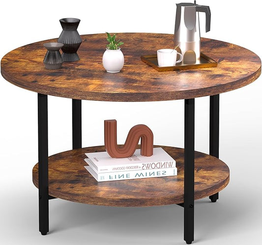 Coffee Table, 2 Tier Coffee Tables for Living Room, Round Coffee Table with Storage, Floor Table for Bedroom, Home Office, Rustic Brown (27.6" D x 17.7" H)