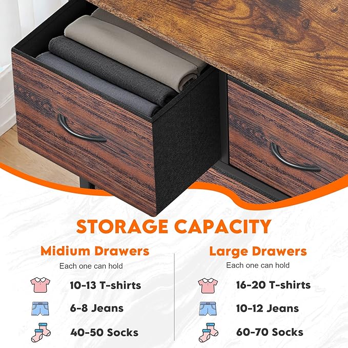 Dresser for Bedroom with 9 Drawers, Chest of Drawers, Storage Drawers Organizer Unit, Black Wide Fabric Dresser with Fabric Bins for Closet, Living Room, Entryway (Brown and Rustic Brown)