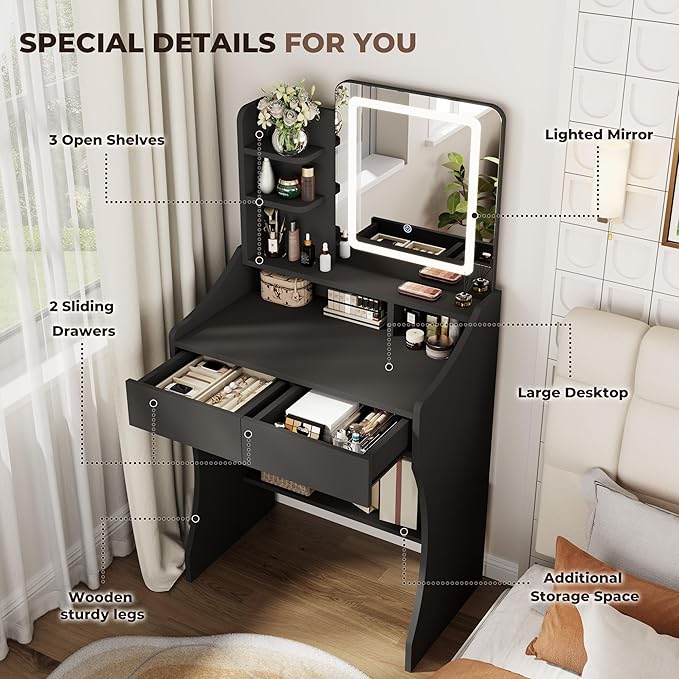 Small Vanity Desk, Makeup Vanity with Mirror and Lights, Vanity Desk with Drawer & 3 Storage Shelves, Black Makeup Vanity Desk with Lights for Bedroom