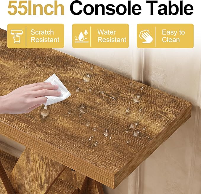 Farmhouse Console Tables, 55-Inches Narrow Console Tables 3-Tier Rustic Wood Sofa Behind The Couch Table Entryway Table for Living Room, Bedroom, Home Office (Tiger Brown)