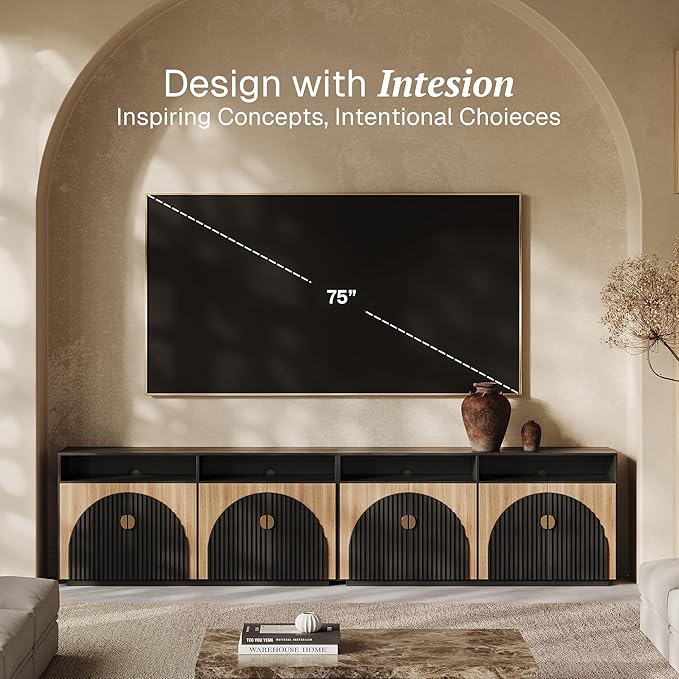 BELLEZE Set of 2 65 Inch Fluted TV Stand, Mid Century Modern Entertainment Center with Storage Cabinets & Open Shelves, Media Console TV Cabinet with Adjustable Shelves for Living Room, Camel