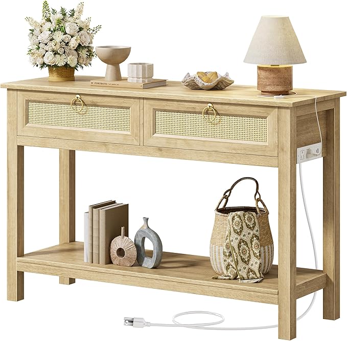 SUPERJARE Rattan Console Sofa Table with Outlets and USB-C Port, 2 Drawer Entryway Table with Synthetic Rattan Surface, 39 Inch, Open Shelf, Behind Couch Entry Foyer Hallway Storage, Natural