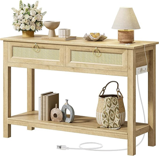 SUPERJARE Rattan Console Sofa Table with Outlets and USB-C Port, 2 Drawer Entryway Table with Synthetic Rattan Surface, 39 Inch, Open Shelf, Behind Couch Entry Foyer Hallway Storage, Natural