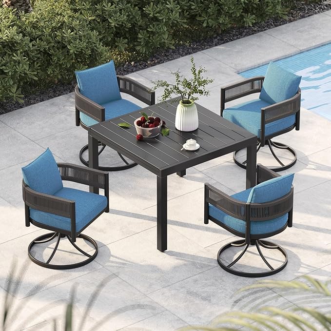 Grand patio 5-Piece Outdoor Dining Set for 4 with 1 Rectangle Expandable Table for 4-6 Person, Metal Woven Wicker Swivel Patio Chairs with Thickened Cushions for Yard, Poolside (Brown)