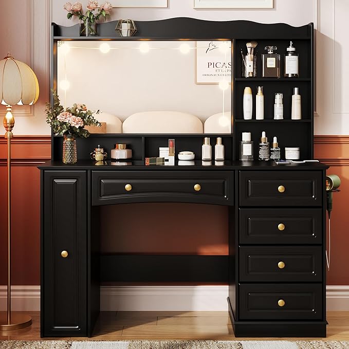 Maupvit Makeup Vanity with Mirror and Lights,Black Vanity Desk with Drawers and Shelves，Large Makeup Table with Glass Top，Bedroom Dressing Table,47.1in