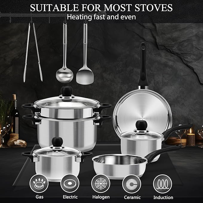 Stainless Steel Cookware Set, 12-Piece Pots and Pans Set, Induction Kitchen Cookware Set with Stay-Cool Handles, Non-Toxic, Dishwasher Safe & Suitable for All Cooktops, Black