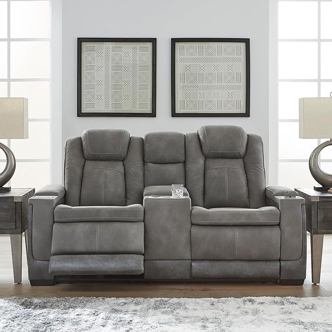 Signature Design by Ashley Next-Gen DuraPella Modern Faux Leather Power Reclining Loveseat with Console & Adjustable Headrest, Gray