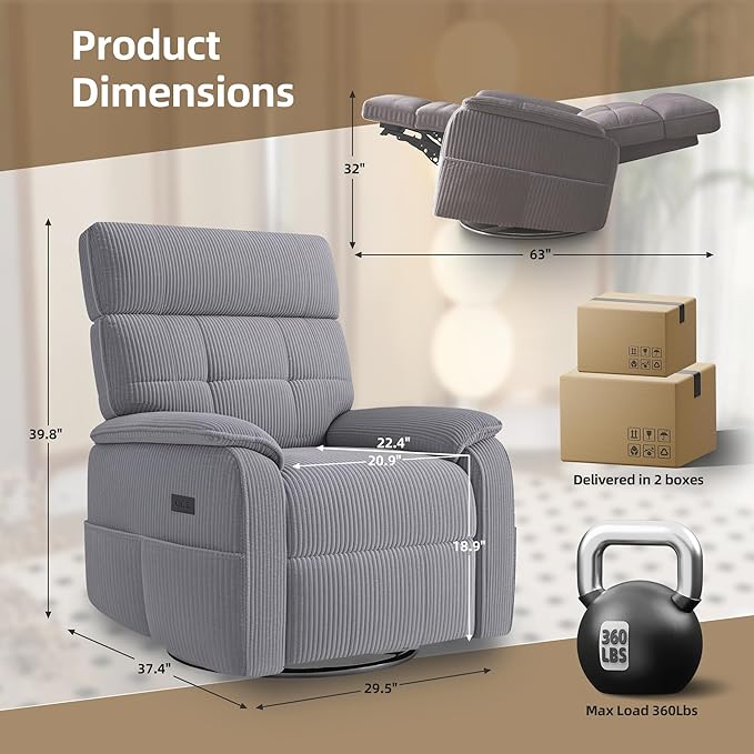 Claiks Power Swivel Rocker Recliner Chair, Oversized Recliner Chairs for Adults, Corduroy Overstuffed Reclining Chair with USB and Type-C Ports for Living Room, Grey