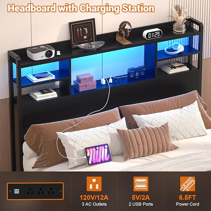 Aheaplus Headboard for Twin Size Bed with Storage, Headboards with LED Light, Power Outlets, USB Ports Twin Size Head Board, Wood headboard Only Sturdy and Stable Headboards, Modern, Black