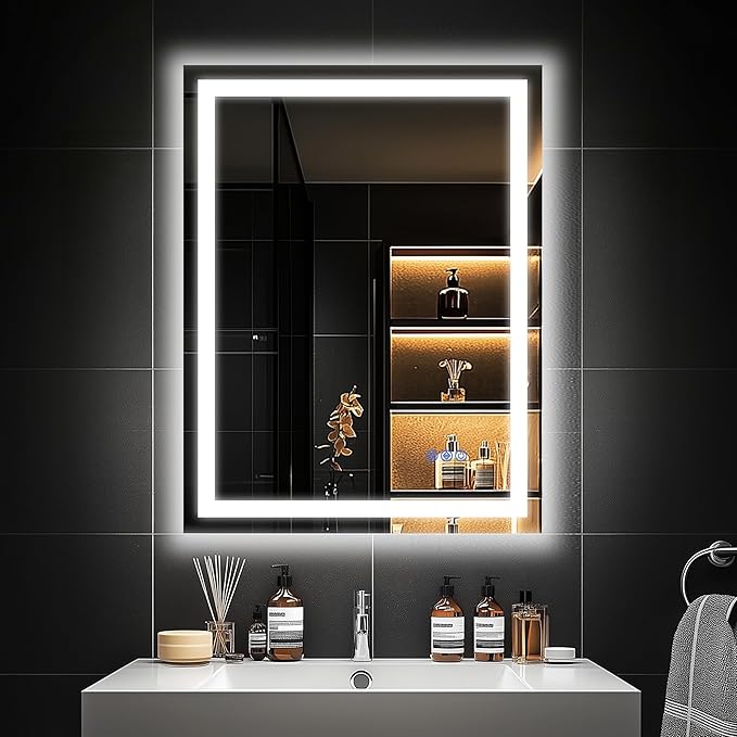 Antok 24"x 32" LED Bathroom Mirror with Lights, Anti-Fog, Dimmable, Lighted Vanity Mirror with Tempered Glass, Memory Function, 3 Light Modes, Safe Use, Horizontal, Vertical