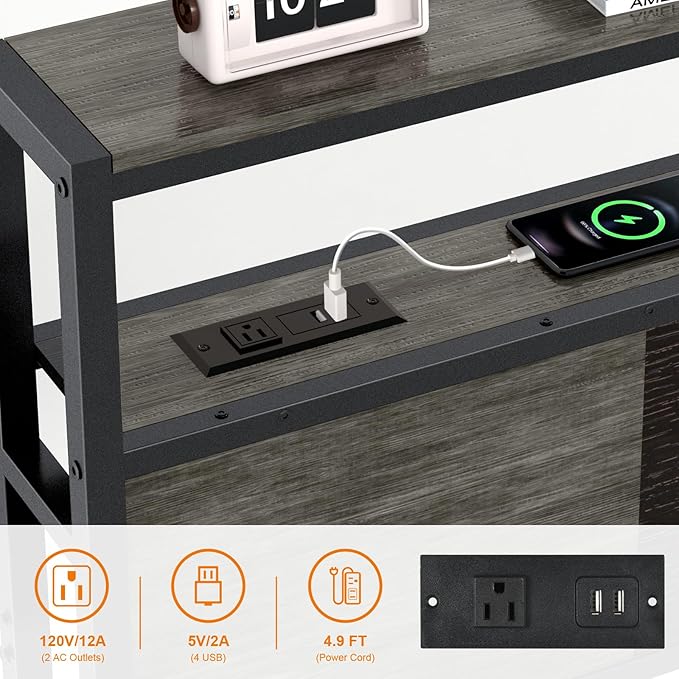 Headboard Full Size, Headboards with Charging Station, USB Port and LED Light, Head Board with 2-Tier Storage Shelf, Adjustable Height, Easy Assembly, Sturdy and Stable, Black