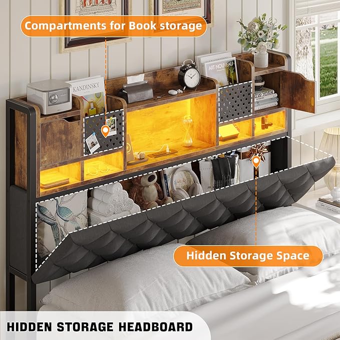 Queen Size Bed Framewith 4 Under-Bed Storage Drawers and LED Light, Queen Bed Frame with Upholstered Headboard and Charging Station,3-Tier Headboard and Hidden Storage Space,Gray