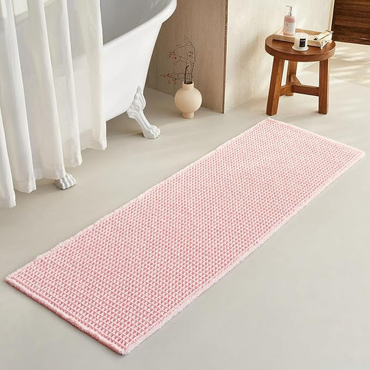 Light Peachy Pink Long Bathroom Rugs, Waffle Runner Rug Bathroom Non Slip Washable Quick Dry Cute Bath Mat Boho Farmhouse Bath Mat, 72"x24" Light Peachy Pink